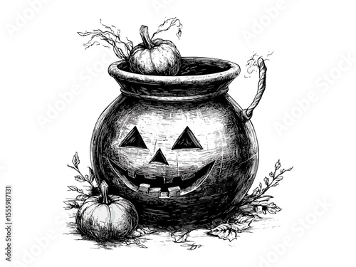 Halloween cauldron engraving, vintage spooky seasonal element, hand-drawn black ink art, old engraving style, trendy holiday illustration, mystical witchcraft design, autumn decor