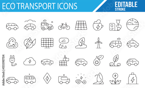A collection of editable eco-friendly transport icons, including electric cars, bikes, buses, solar panels, wind turbines, and energy symbols.