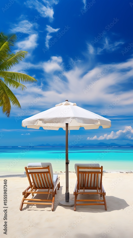 Fototapeta premium Beach chairs with umbrella and palm tree on tropical beach in Maldives