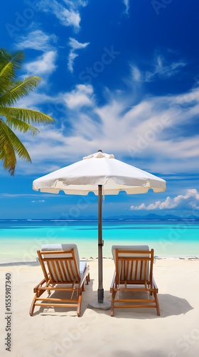 Beach chairs with umbrella and palm tree on tropical beach in Maldives