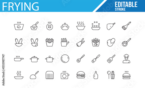 Set of Cooking Icons Including Frying, Pots, and Utensils