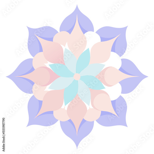 - A gentle, floral mandala with dreamy, translucent hues, appearing as a harmonious bloom floating in a serene, light-filled space.