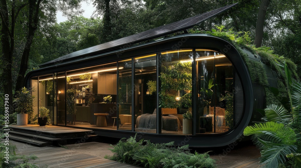 Fototapeta premium Minimalist sustainable home, solar panels, lush green plants, modern eco-friendly interior design