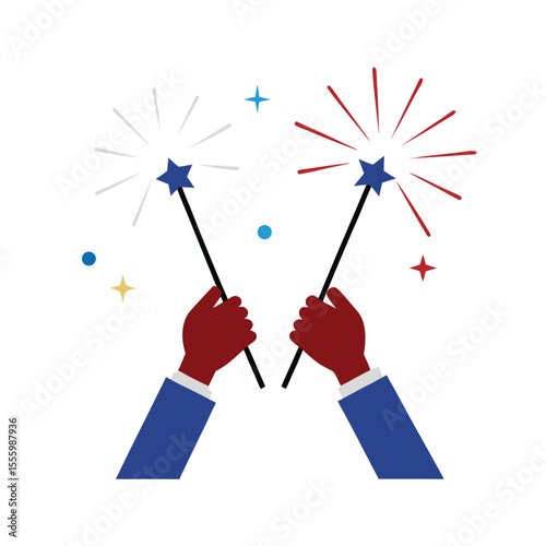 Hands holding sparklers with glowing trail effects Vector illustration