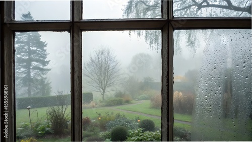 Foggy windowpane with finger-drawn line — blurred view of garden beyond