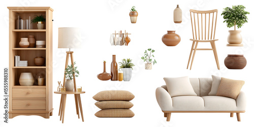 Minimalist Wooden Furniture, Sofa, Decor Vases, Plants and Accessories on White Background
