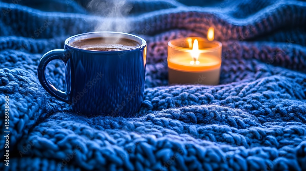 Cozy Winter Scene, Hot Coffee Mug and Candle on Knit Blanket Cozy Winter Scene, Hot Coffee Mug and Candle on Knit Blanket