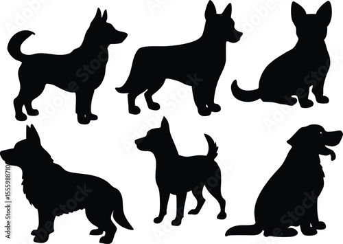 Set of dog silhouette vector. Dogs and puppies in different breed, corgi, golden retriever, poses, standing, jump dog set