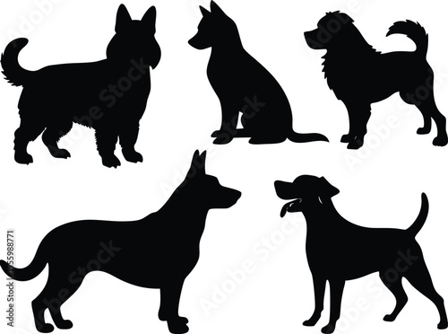 Set of dog silhouette vector. Dogs and puppies in different breed, corgi, golden retriever, poses, standing, jump dog set