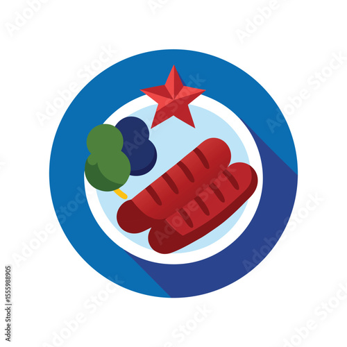 Plate with grilled sausages salad and tiny stars Vector illustration