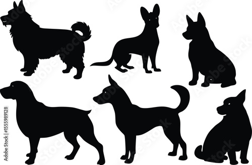 Set of dog silhouette vector. Dogs and puppies in different breed, corgi, golden retriever, poses, standing, jump dog set