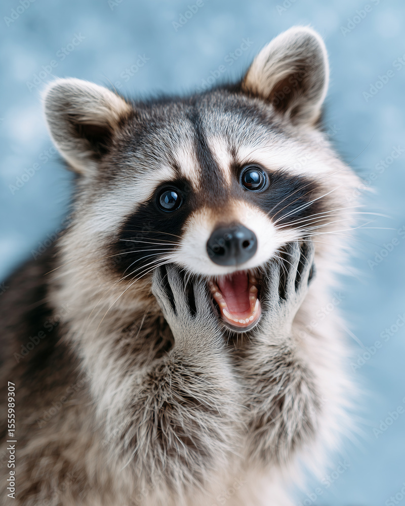 Obraz premium Smiling raccoon portrait with hands near the face, posing against a light blue background