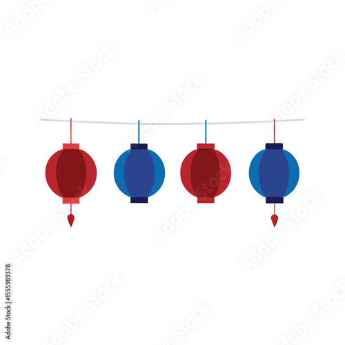 Red and blue paper lanterns lined up across space Vectora illustration