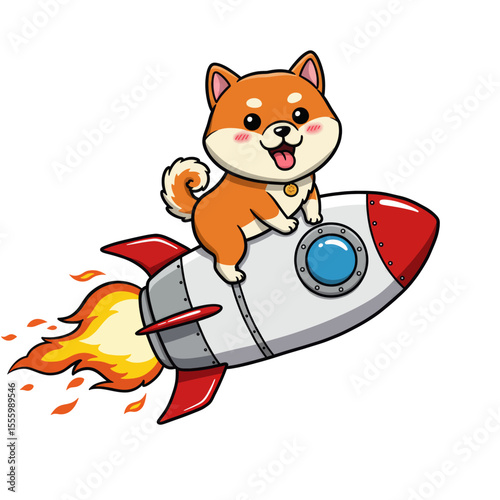 Cute Shiba Inu Dog on Rocket Vector Illustration: Space Adventure Cartoon Art