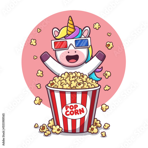 Cute Unicorn Watching Movie with Popcorn 3D Glasses Vector Illustration