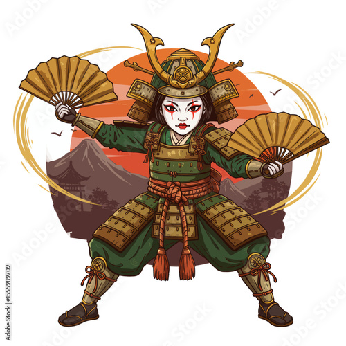 Female Samurai Warrior with Fans Vector Illustration Japan Art
