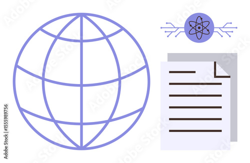 Globe, scientific atom icon with circuits, and document page represent global research, innovation, and data exchange. Ideal for education, technology, science, collaboration learning knowledge