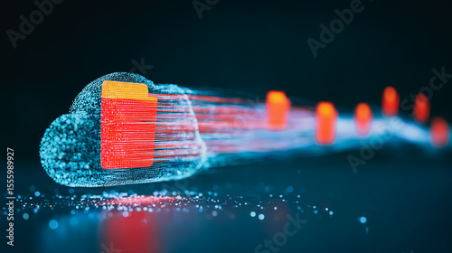 Cloud Data Transfer: A vibrant display of data transfer, with a neon-lit cloud shape emanating energy, symbolizing the rapid movement of information.