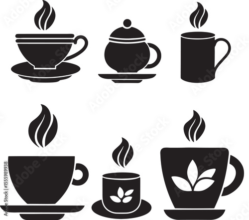 Coffee and Tea Cup Silhouette Icon Set on White Background

