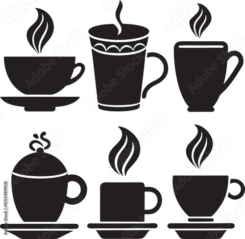Coffee and Tea Cup Silhouette Icon Set on White Background

