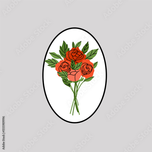 Roses composition. Red flowers and green leaves. Decorative element, frame, border and divider, underline. Bouquet with blossoms. Botanical garland. Vector cartoon flat style isolated illustration