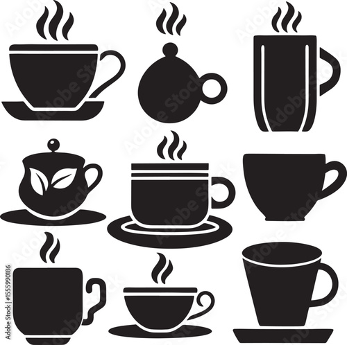 Coffee and Tea Cup Silhouette Icon Set on White Background

