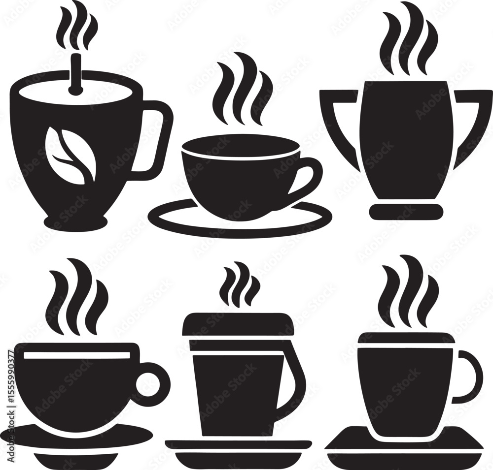 Obraz premium Coffee and Tea Cup Silhouette Icon Set on White Background