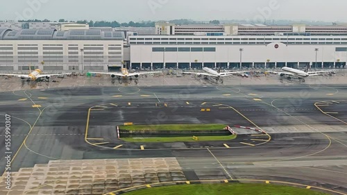 Singapore. Airplane landing at Singapore Changi Airport. 4K video footage of plane landing