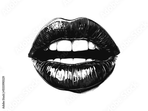 Black sketch vampire lips, hand-drawn Halloween engraving, vintage spooky horror icon, October creepy motif, gothic vampire artwork, eerie Halloween mouth illustration,