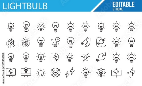 A collection of editable lightbulb and energy-related icons, including light bulbs, electric sparks, and energy symbols.