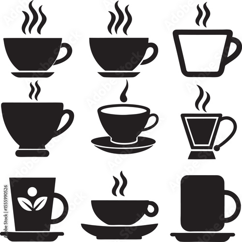 Coffee and Tea Cup Silhouette Icon Set on White Background


