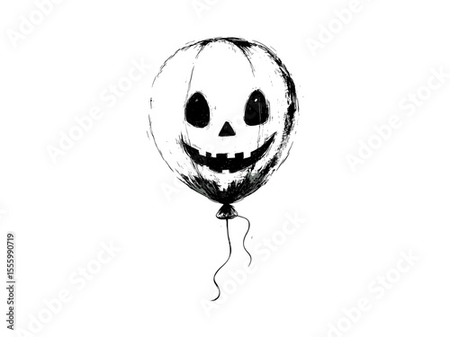 Spooky ghost balloon, Halloween engraving in vintage style, retro horror decor sketch, old black hand-drawn motif, scary party design, classic creepy Halloween clipart