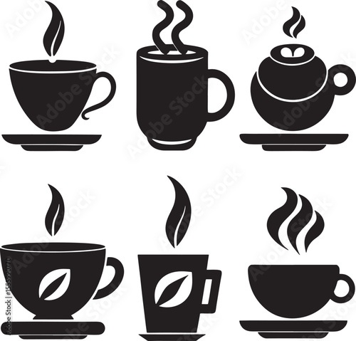Coffee and Tea Cup Silhouette Icon Set on White Background

