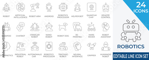 A modern stroke icon collection featuring AI, robots, and futuristic tech elements. Perfect for technology, automation, machine learning, and innovation themes.