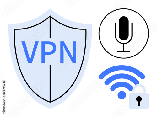 Shield labeled VPN, microphone icon, wireless signal with padlock. Ideal for cybersecurity, internet privacy, data protection, communication, secure networks, voice security and simple landing page