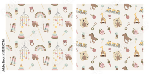 Baby toys seamless pattern. Beige newborn wooden ecological accessories, train. Rainbow and cubes for toddler games. Decor textile, wrapping paper, wallpaper. Print for fabric. Vector background