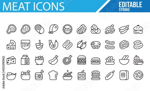 Vector Icons Representing Meat Cuts, Burgers, and Sausages