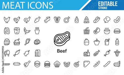 A collection of editable meat-related icons, including various cuts of meat, burgers, sausages, and food items.