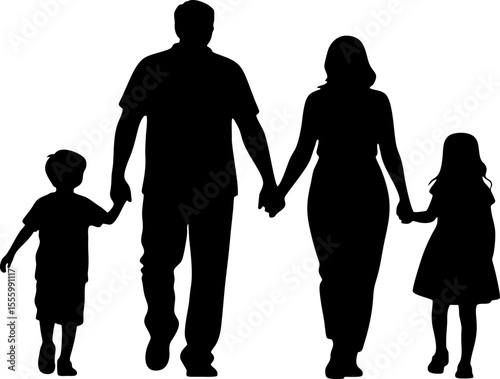 Silhouette of Family Walking Together – Parents and Child Holding Hands