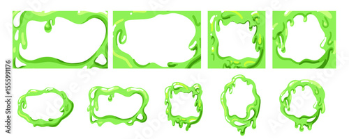 Slime green frame. Different forms border for graphic design. Melting liquid, abstract blob drip, square and round, jelly splash and spot. Decorative background. Vector cartoon isolated set