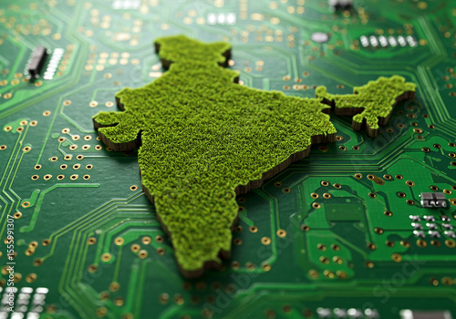 Green india shaped island covered in grass resting on a green circuit board with electronic components and gold contacts symbolizing technology and nature