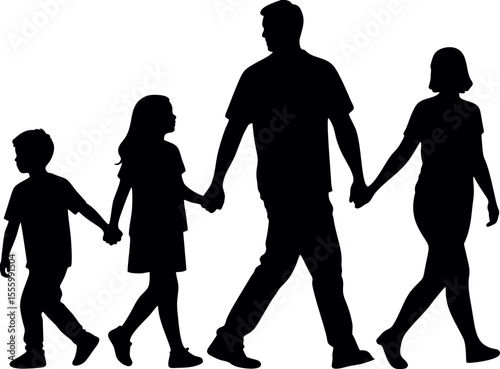 Silhouette of Family Walking Together – Parents and Child Holding Hands