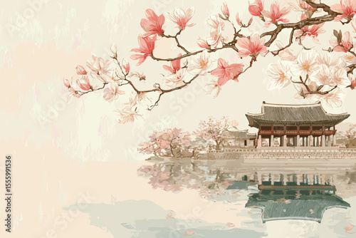Oriental spring landscape with palace and blooming magnolia in Korean traditional painting style