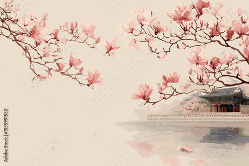 Oriental spring landscape with palace and blooming magnolia in Korean traditional painting style