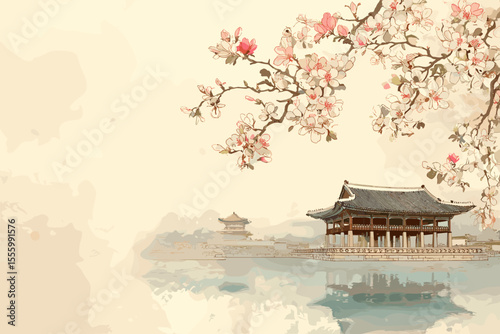 Oriental spring landscape with palace and blooming magnolia in Korean traditional painting style