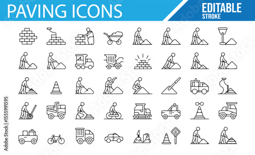 Paving Equipment and Worker Icons for Web and App Design

