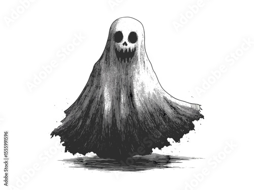 Vintage Halloween ghost art, hand-drawn black ink illustration, spooky seasonal engraving, horror sketch in retro style, creepy haunted decor, eerie horror design,