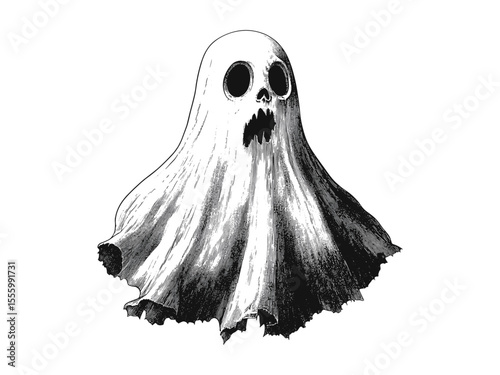 Spooky Halloween ghost engraving, vintage horror illustration, black ink sketch in retro style, hand-drawn seasonal decor, creepy motif, eerie Halloween art, scary haunted artwork,
