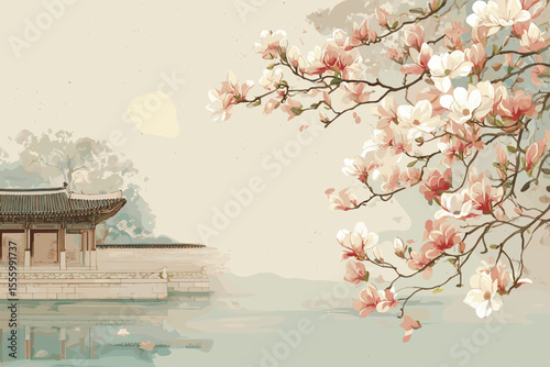 Oriental spring landscape with palace and blooming magnolia in Korean traditional painting style