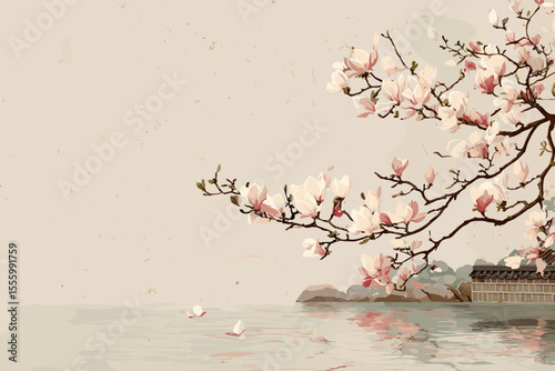 Oriental spring landscape with palace and blooming magnolia in Korean traditional painting style